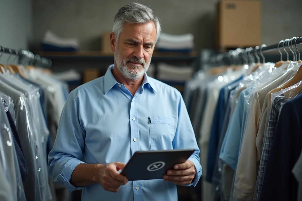 Gérant de boutique consultant une application d'habillement en erreur dans la réserve d'un magasin de vêtements