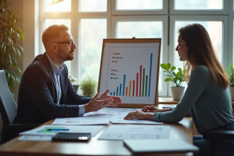 Conseiller financier expliquant un graphique avec colonnes d'actifs et passifs