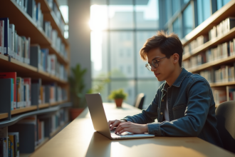 Étudiant universitaire utilisant un ordinateur portable dans une bibliothèque lumineuse