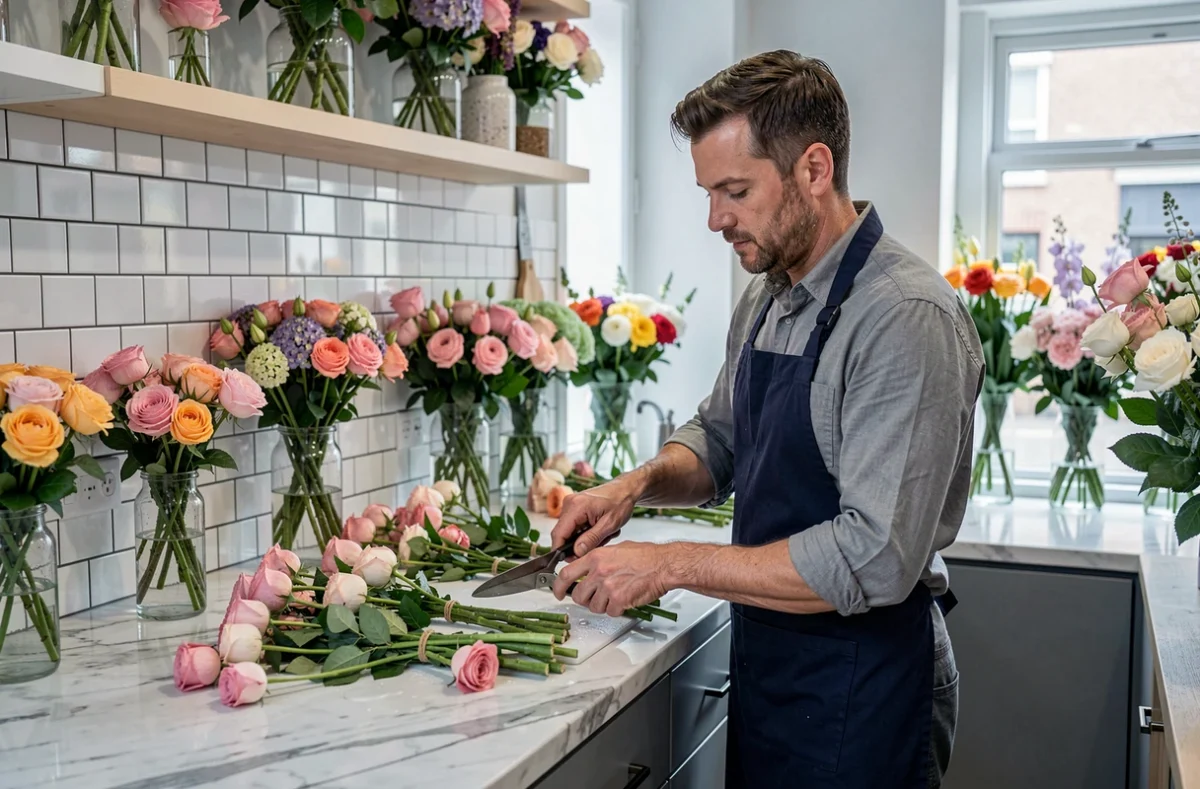 Fleuriste homme préparant des tiges florales dans l'espace de travail moderne de Eure Fleurs
