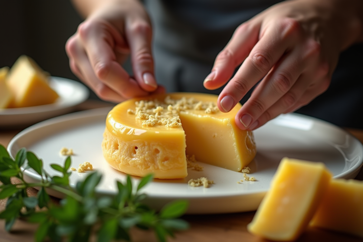 Mains d’un fromager manipulant un fromage corse avec larves