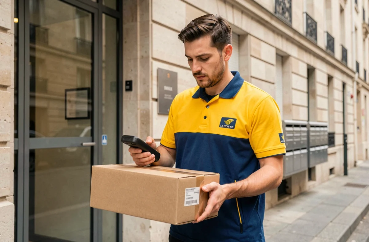 Facteur La Poste en uniforme scannant un colis devant l'entrée d'un immeuble parisien