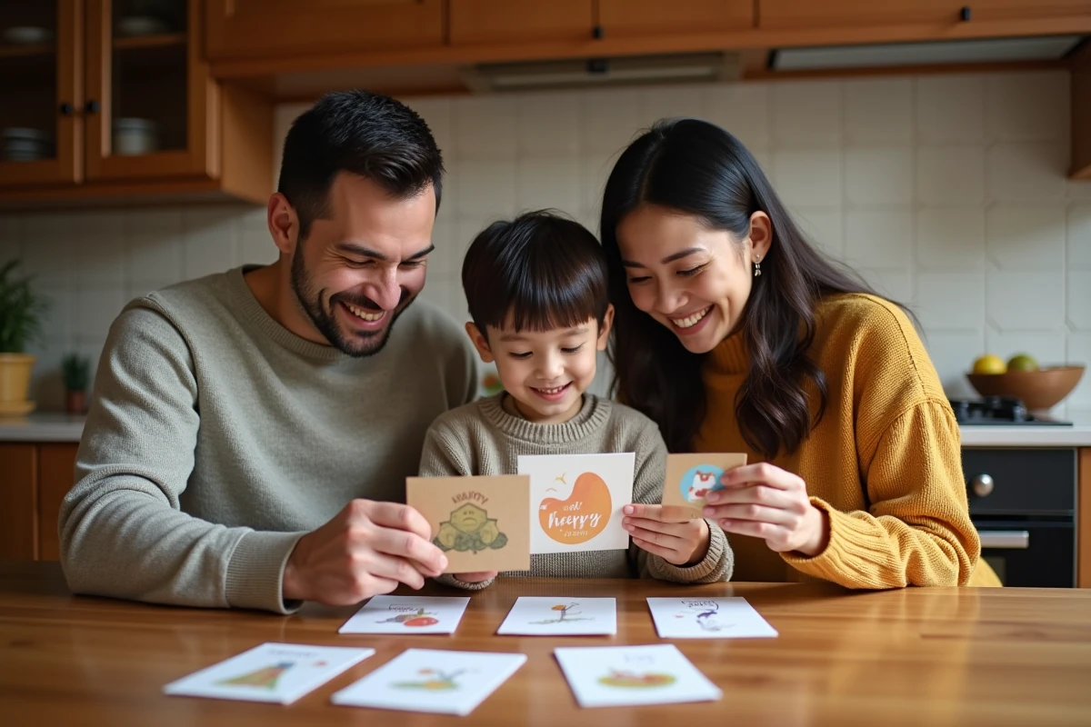 Famille réunie autour d'une table de cuisine pour choisir des cartes de vœux bonne année 2026 imprimées gratuitement en PDF