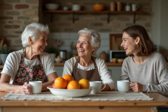 Trois générations de femmes riant ensemble autour d'une table de cuisine rustique en tenant des paroles manuscrites de La maison de ma tante