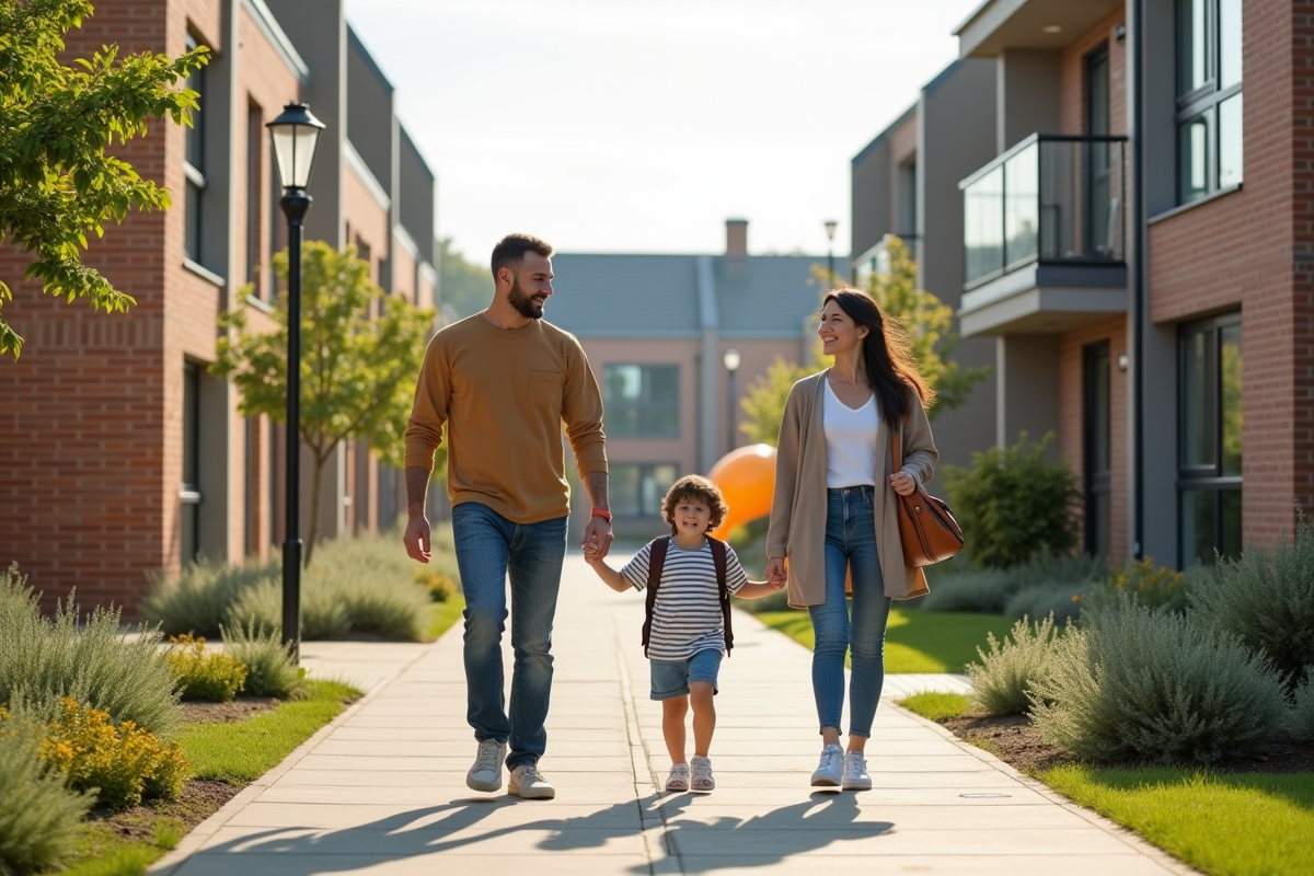 Famille dans quartier social avec logement moderne