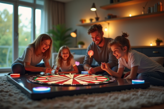 Famille jouant sur un jeu de fléchettes connecté dans un salon lumineux