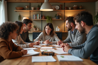 Famille recomposée réunie autour d'une table en intérieur chaleureux