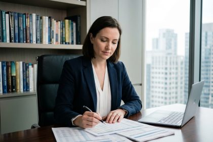 Femme d'affaires travaillant sur des finances dans un bureau moderne