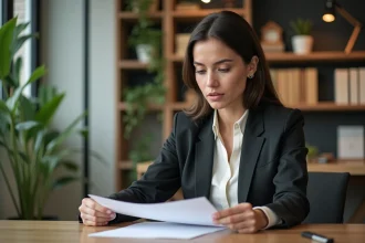 Femme d'affaires en coworking lisant des documents
