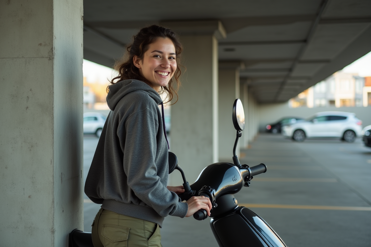 Femme attachant son scooter dans un parking couvert