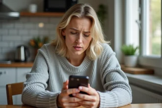 Femme regardant son smartphone avec un appel de numéro masqué affiché à l'écran dans une cuisine moderne