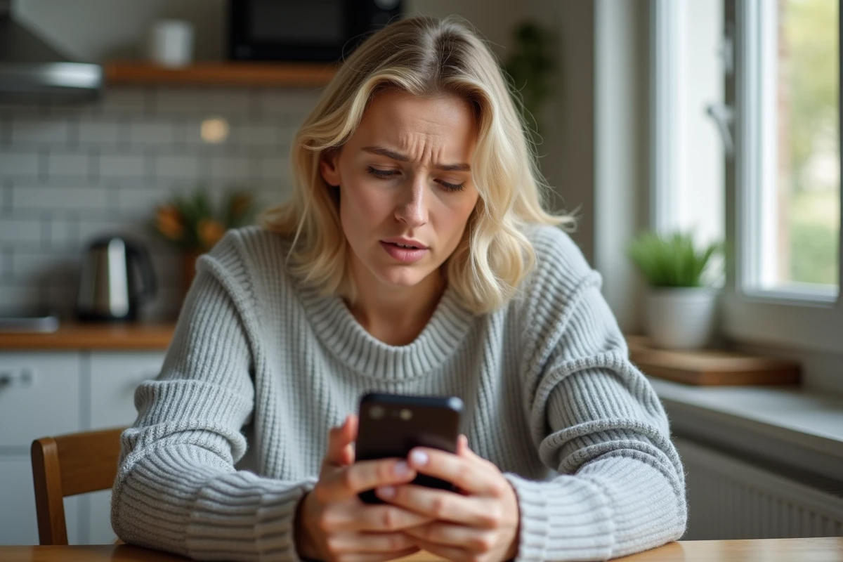 Femme regardant son smartphone avec un appel de numéro masqué affiché à l'écran dans une cuisine moderne