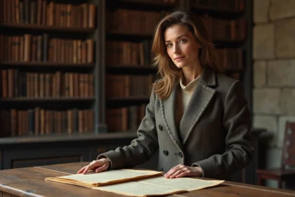 Femme en manteau en train de feuilleter des documents anciens