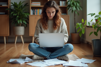 Femme en intérieur vérifiant ses dépenses sur un ordinateur portable