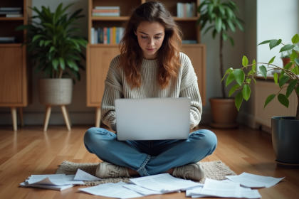 Femme en intérieur vérifiant ses dépenses sur un ordinateur portable