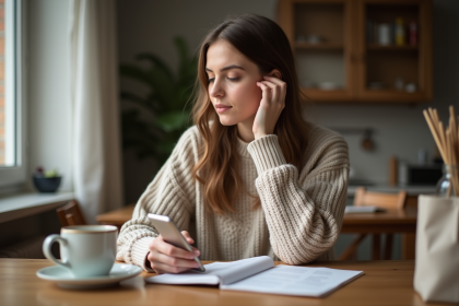 Jeune femme en intérieur vérifiant son budget mensuel
