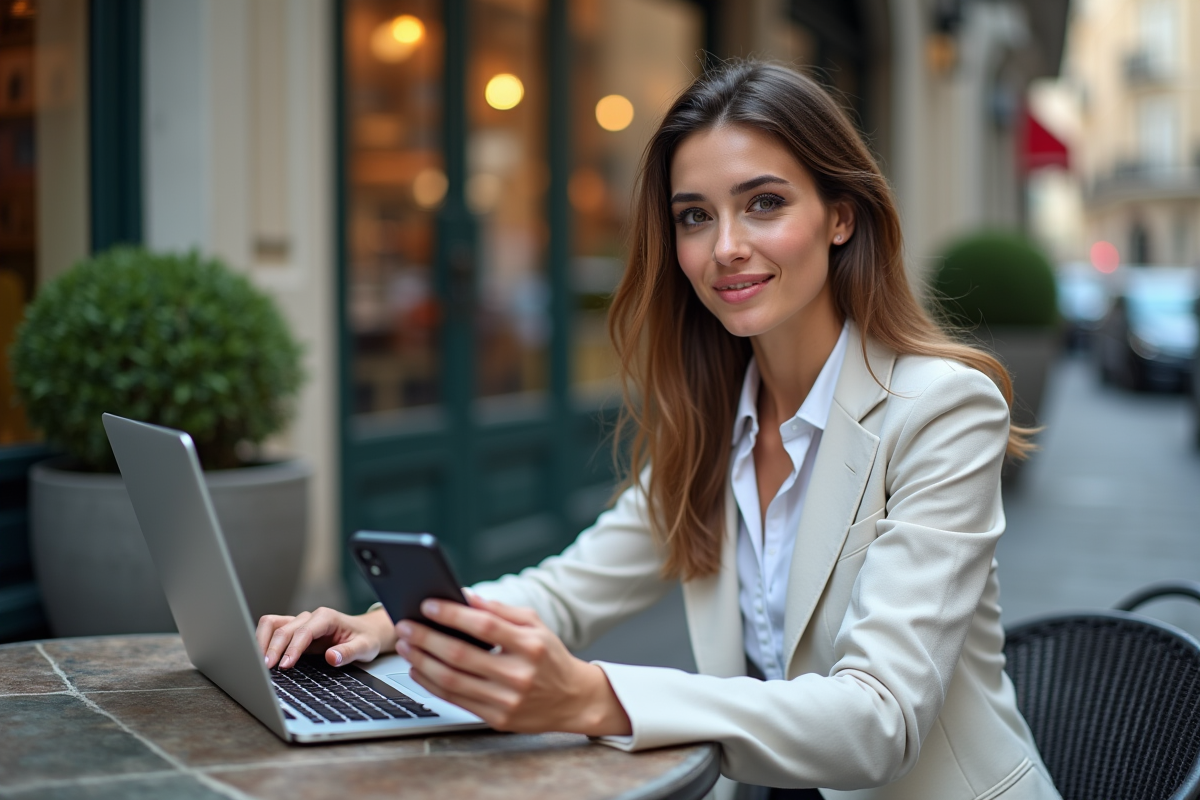 Femme assise au café utilise son ordinateur et son smartphone