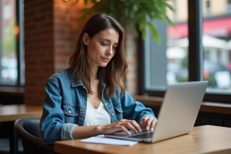 Jeune femme au café de Strasbourg travaillant sur son ordinateur