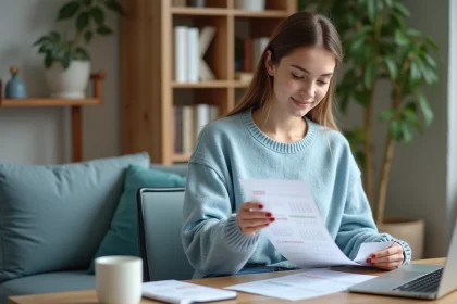 Jeune femme examine un calendrier 2026 dans un intérieur cosy