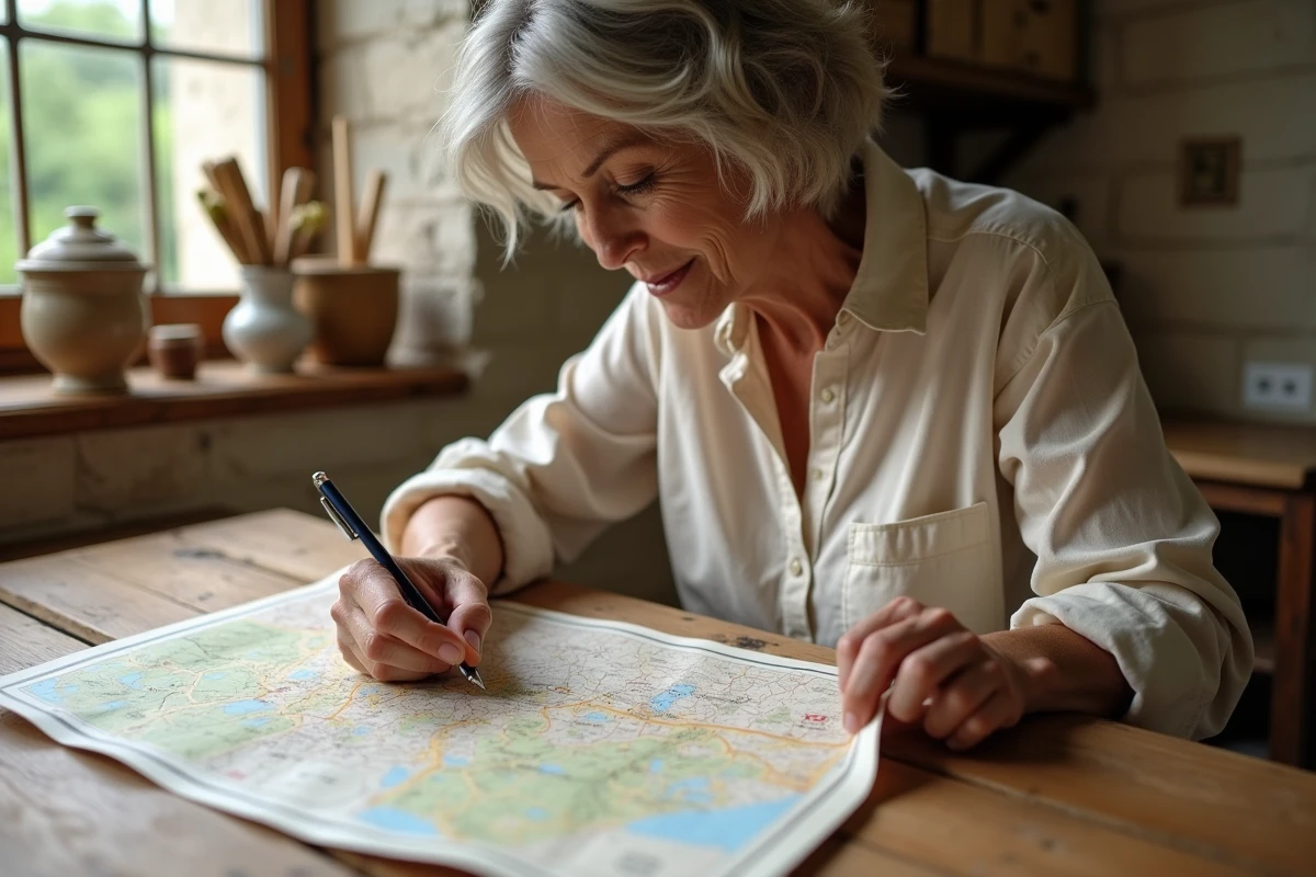 Femme lisant une carte papier du département de l'Orne en Normandie dans une cuisine de ferme normande