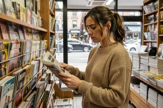Femme cherchant un magazine en rupture de stock dans un kiosque à journaux en ville