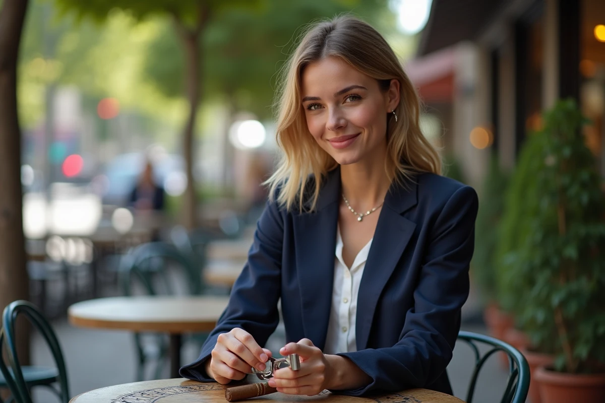 Jeune femme souriante coupe un cigare dans un café en extérieur