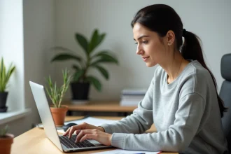 Femme tapant sur un clavier d'ordinateur portable en cherchant un raccourci clavier pour écrire un caractère accentué majuscule