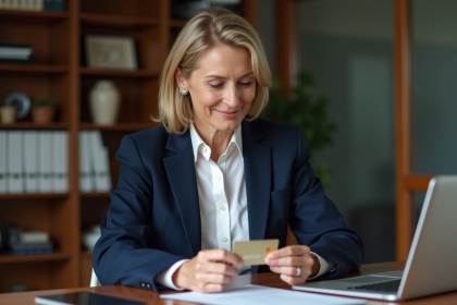 Femme d'âge moyen compare deux cartes bancaires dans son bureau