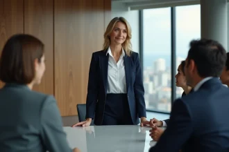 Femme confiante en blazer navy lors d'une réunion professionnelle