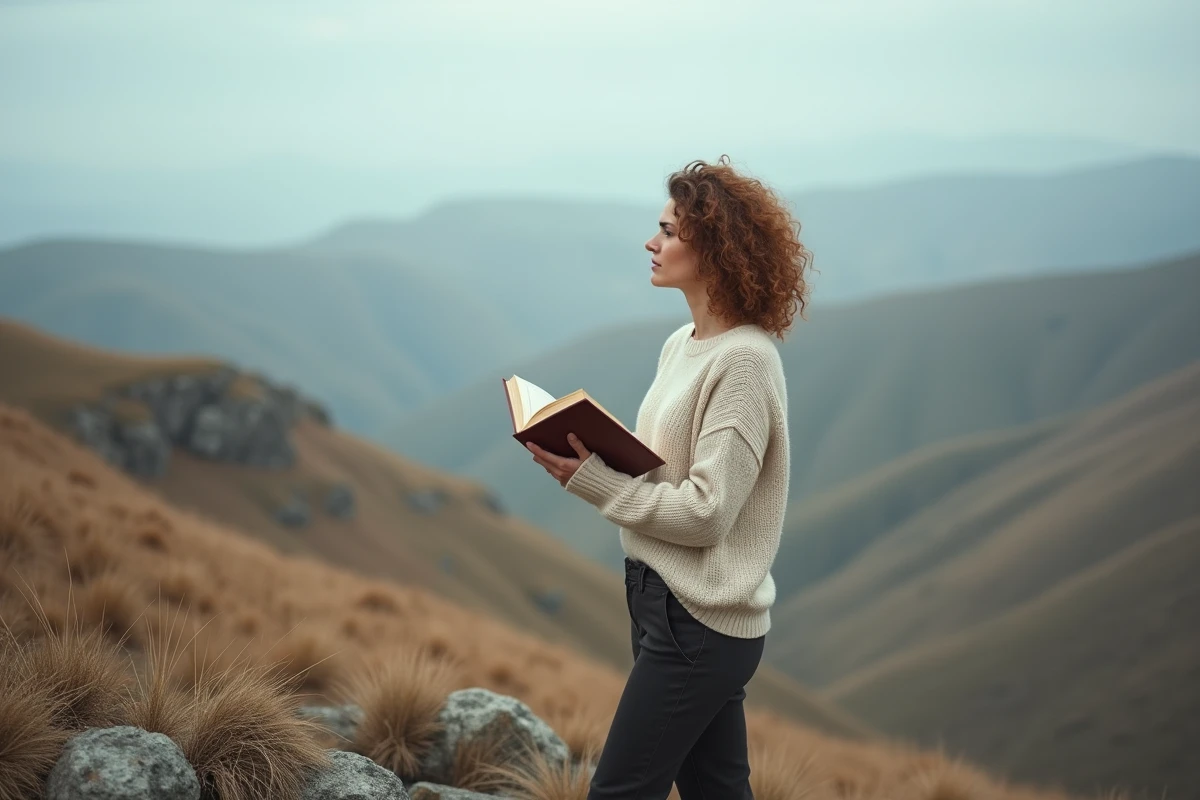Femme contemplant un paysage sauvage avec un livre ouvert, illustration de la pensée transcendantaliste d'Emerson
