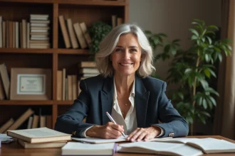 Femme concentrée prenant des notes dans un bureau cosy
