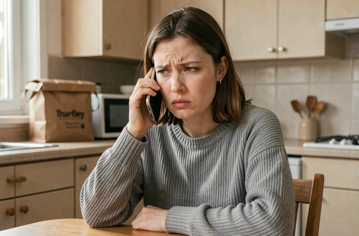 Femme frustrée au téléphone tentant de contacter le service client Uber Eats sans succès