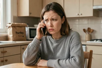 Femme frustrée au téléphone tentant de contacter le service client Uber Eats sans succès
