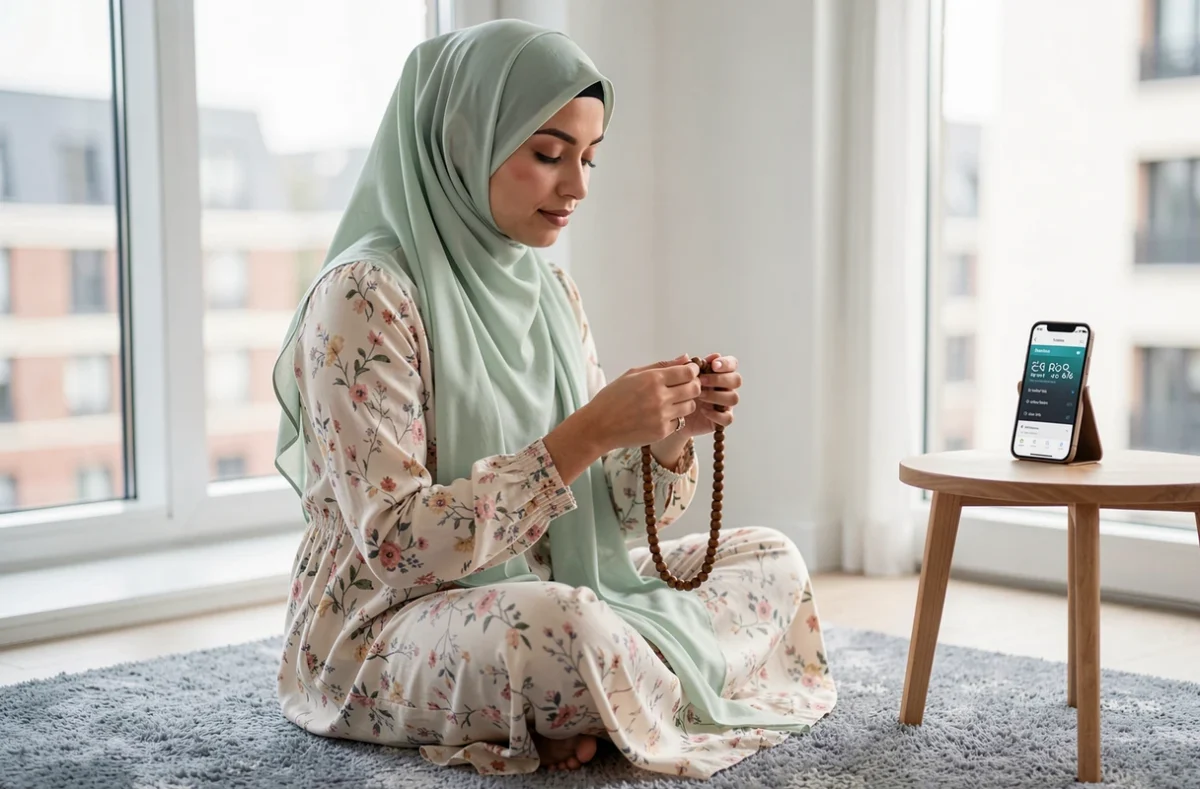 Femme en hijab tenant un chapelet islamique avec une application d'heures de prière visible sur smartphone à Nantes