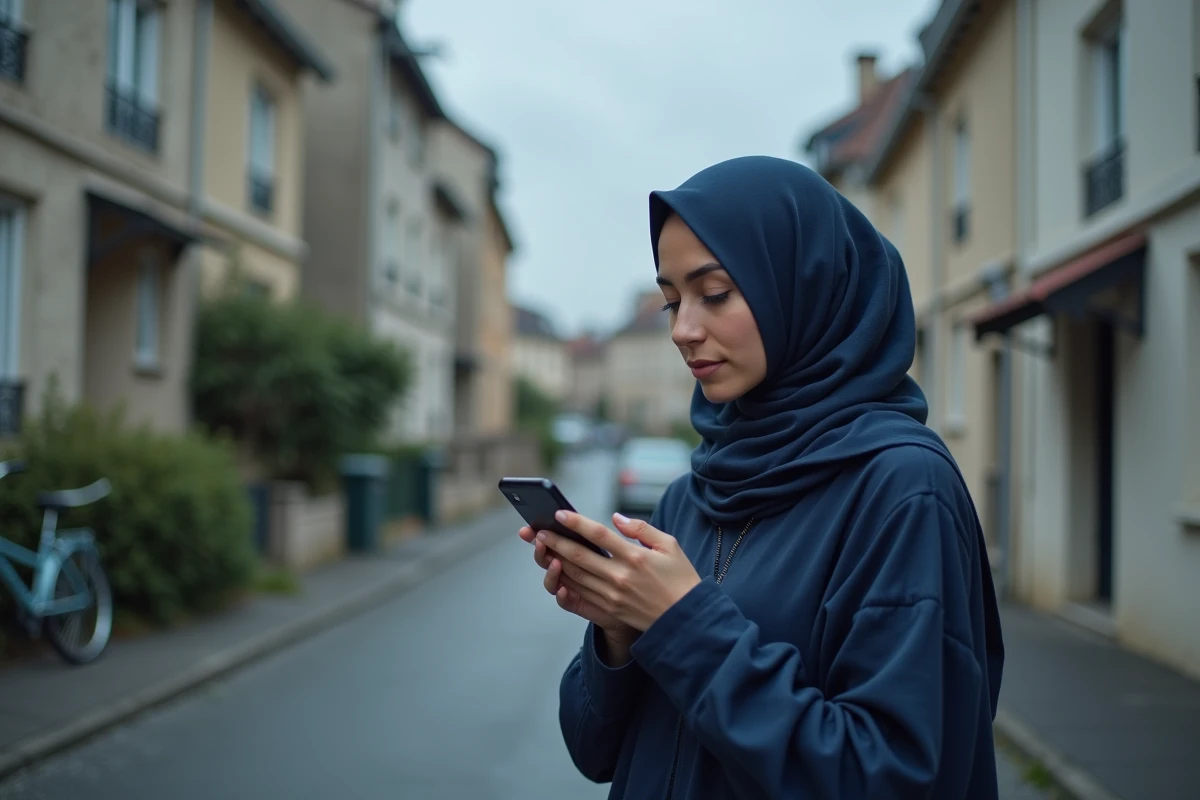 Femme consultant les horaires de prière sur smartphone devant une mosquée à Argenteuil