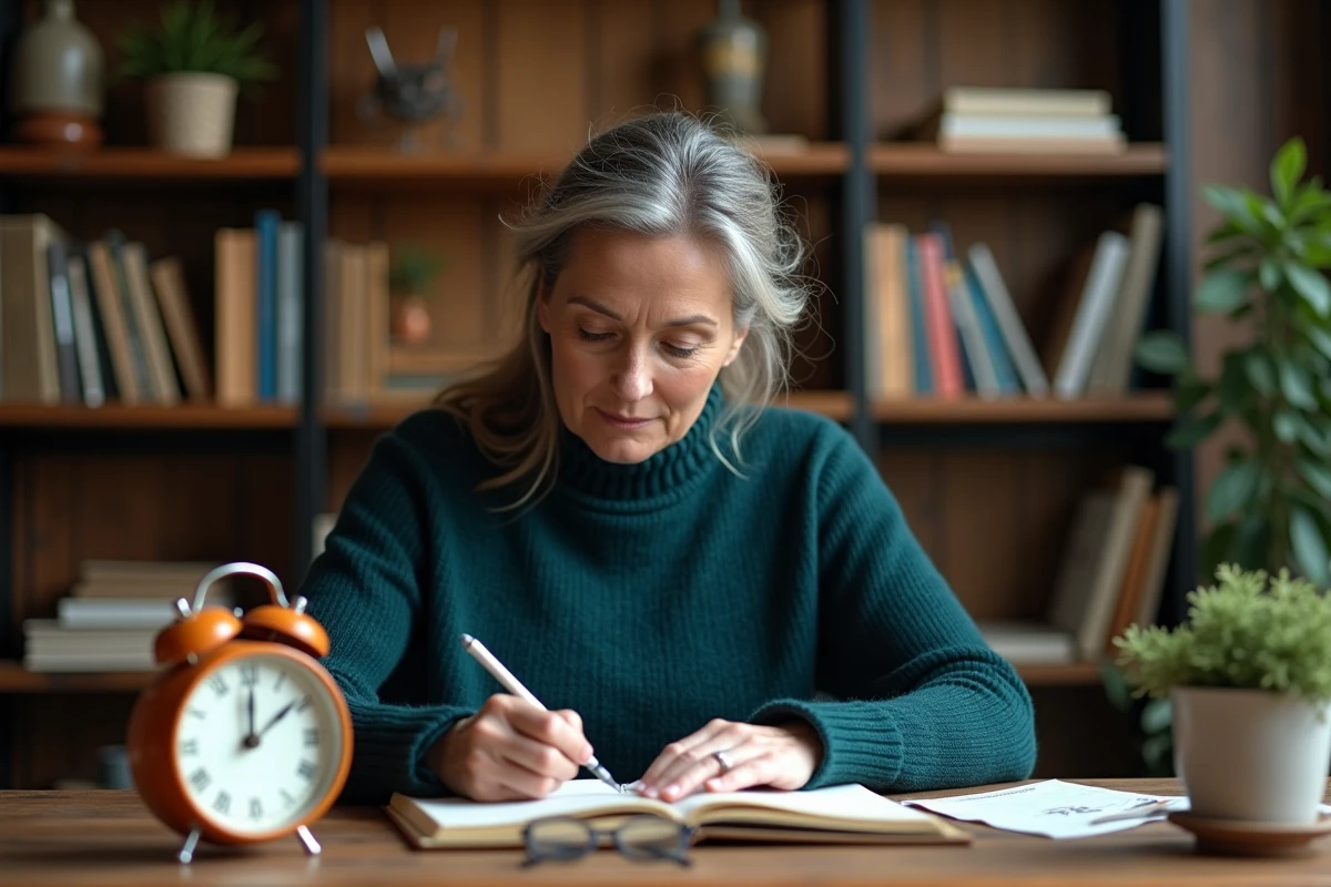 Femme contemplant une horloge affichant 11h22 dans un bureau cosy, illustrant le message des guides spirituels