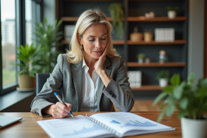 Femme d affaires examine documents d investissement écologique