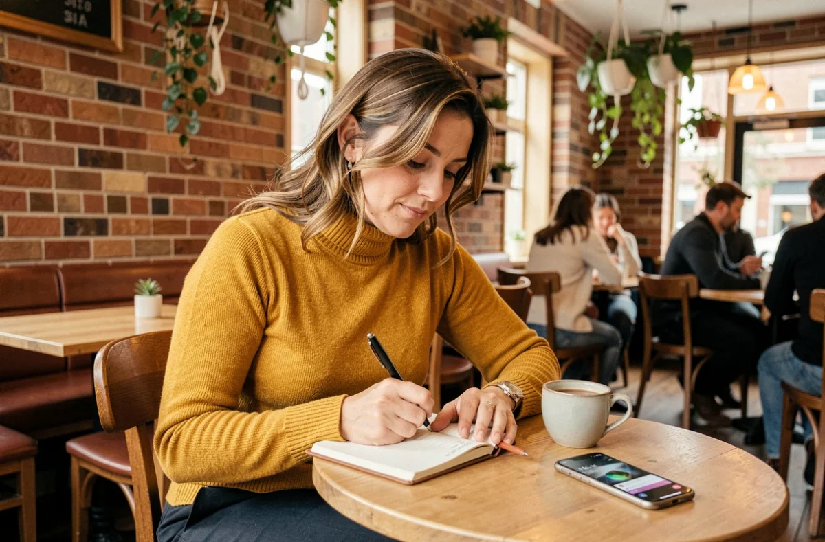 Femme écrivant dans un journal dans un café avec son téléphone affichant 16h16, symbolisant la réflexion personnelle et la loi d'attraction amoureuse