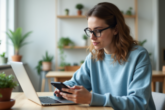 Femme en sweater bleu utilisant son ordinateur dans un appartement lumineux