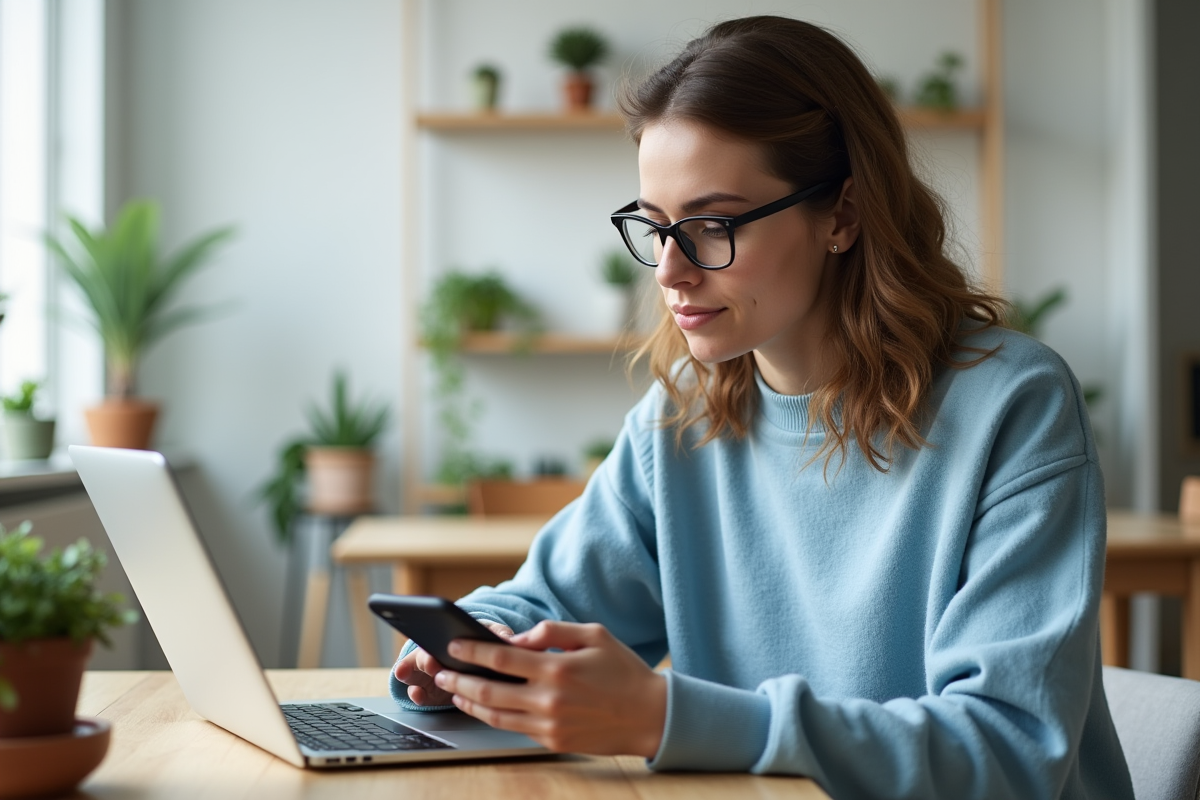 Femme en sweater bleu utilisant son ordinateur dans un appartement lumineux