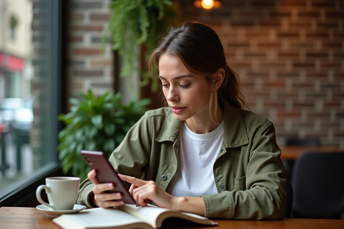 Femme lisant un webtoon de cultivation chinoise sur smartphone dans un café urbain moderne en 2026