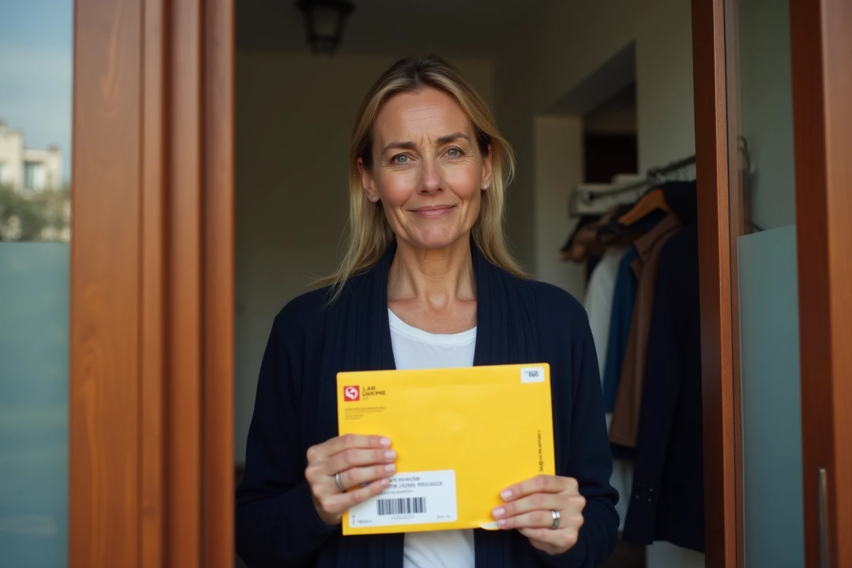 Femme tenant une lettre recommandée 2C avec numéro de suivi visible à sa porte d'entrée