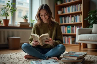 Femme lisant un roman dans un salon chaleureux