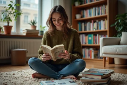 Femme lisant un roman dans un salon chaleureux