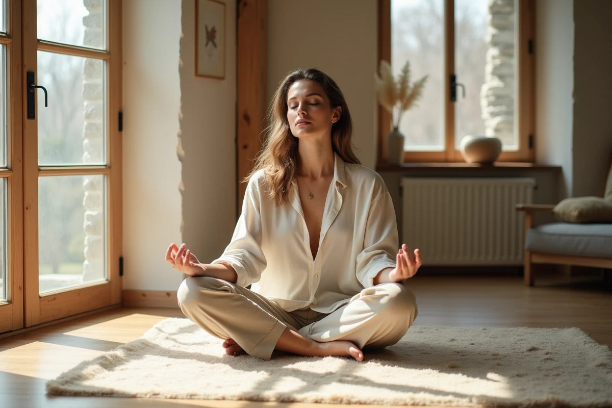 Femme en méditation assise près d'une fenêtre, évoquant une connexion spirituelle et l'heure miroir 11h22