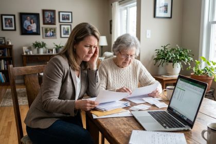 femme examinant des documents financiers pour soins d'une mère âgée