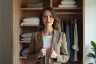 Femme élégante ajustant blazer dans chambre moderne
