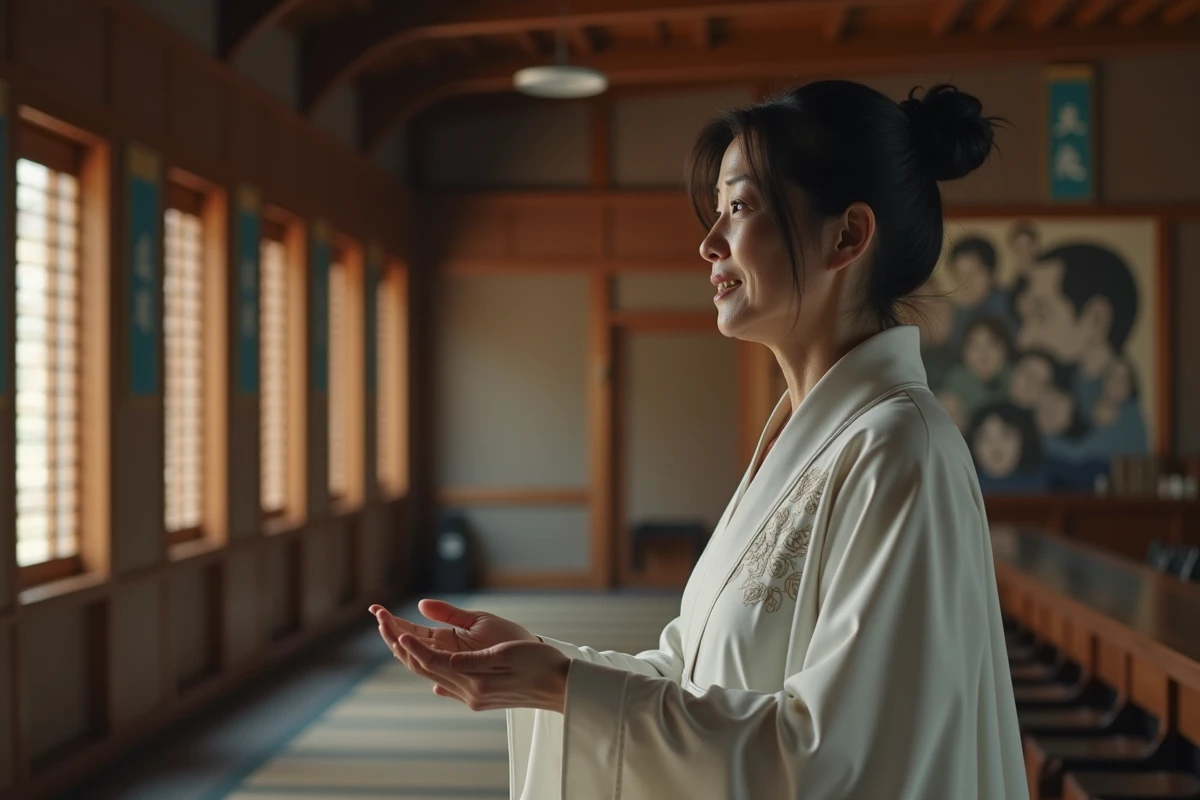 Femme ninja japonaise dans une salle de conseil moderne