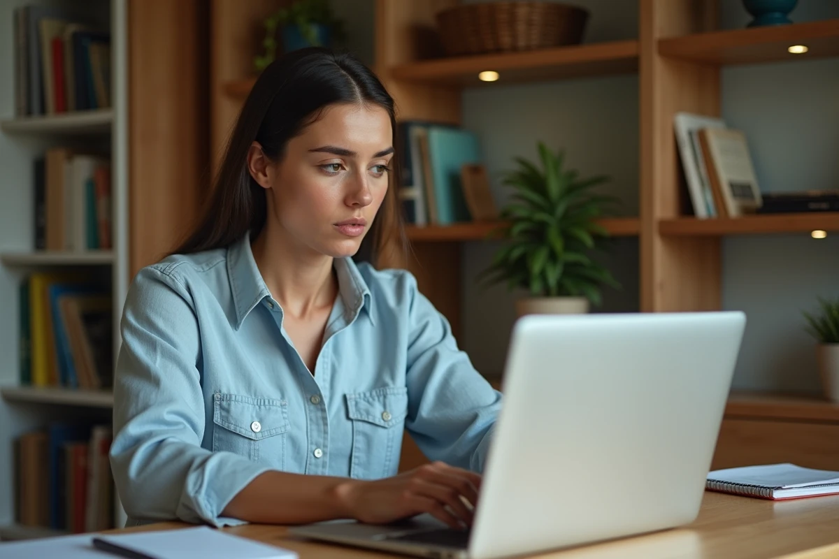 Femme tapant un message sur son ordinateur portable, hésitant sur l'orthographe correcte de 'je t'envoie'