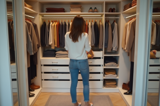Femme organisant des pulls dans un dressing moderne